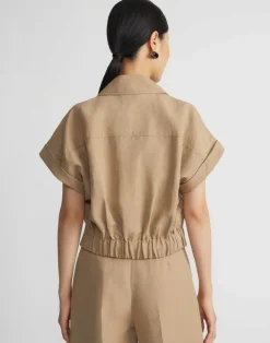 Silk-Linen Double Breasted Cropped Shirt Jacket