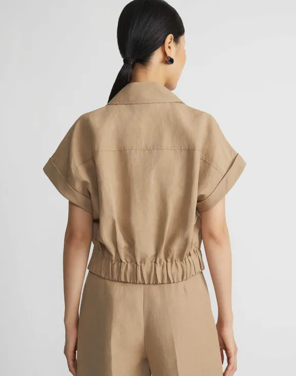 Silk-Linen Double Breasted Cropped Shirt Jacket
