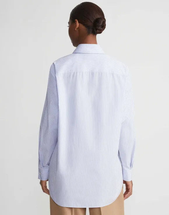 Stripe Cotton Poplin Button Sleeve Oversized Shirt