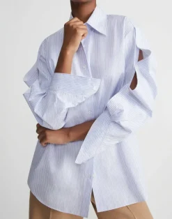 Stripe Cotton Poplin Button Sleeve Oversized Shirt