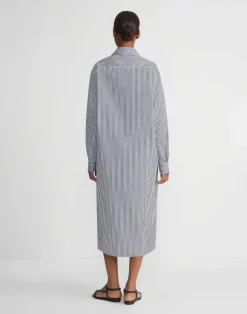 Stripe Cotton Poplin Button Sleeve Oversized Shirtdress