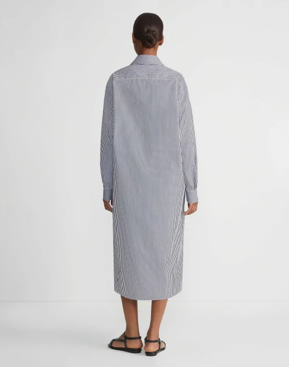 Stripe Cotton Poplin Button Sleeve Oversized Shirtdress
