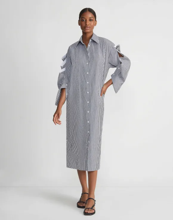 Stripe Cotton Poplin Button Sleeve Oversized Shirtdress