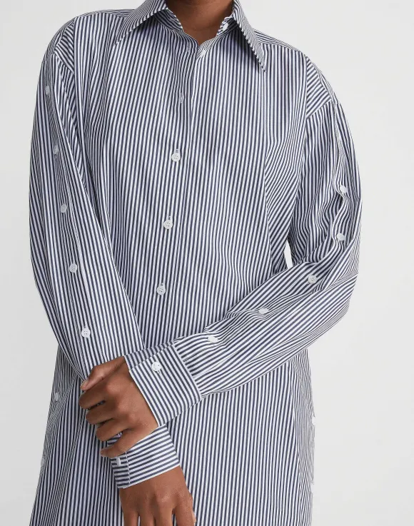 Stripe Cotton Poplin Button Sleeve Oversized Shirtdress