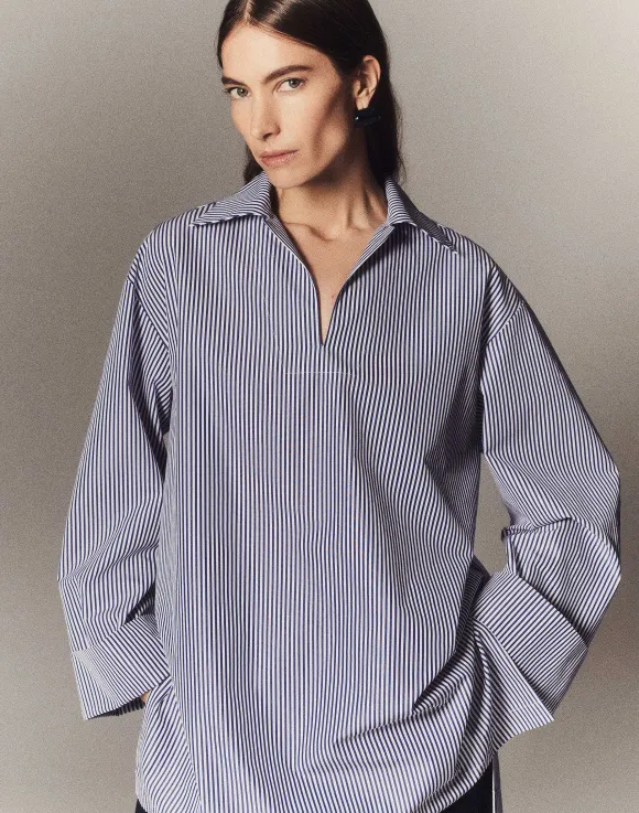 Stripe Cotton Poplin Popover Shirt