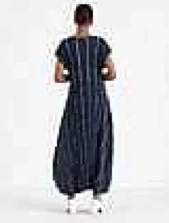 Stripe Print Recycled Poly Satin Pliss Dress