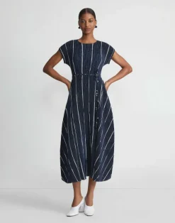 Stripe Print Recycled Poly Satin Pliss Dress