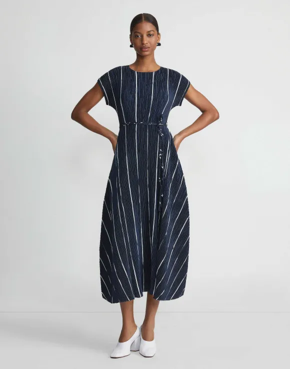 Stripe Print Recycled Poly Satin Pliss Dress