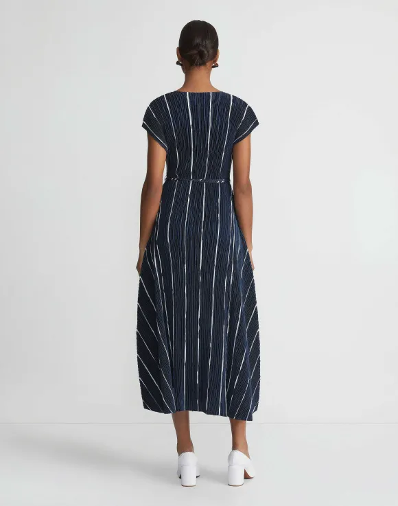 Stripe Print Recycled Poly Satin Pliss Dress