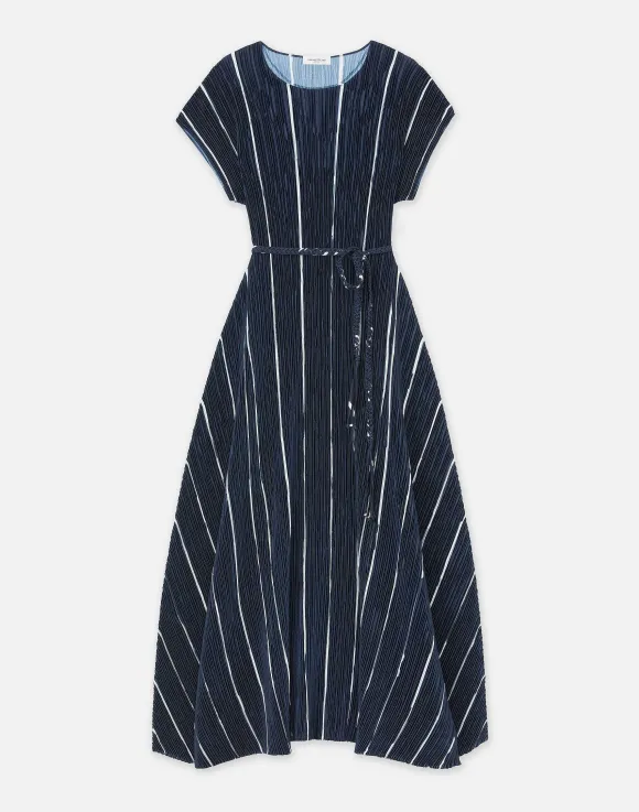 Stripe Print Recycled Poly Satin Pliss Dress