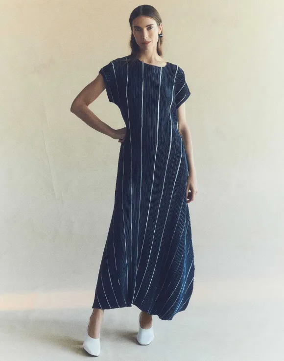 Stripe Print Recycled Poly Satin Pliss Dress