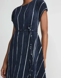 Stripe Print Recycled Poly Satin Pliss Dress