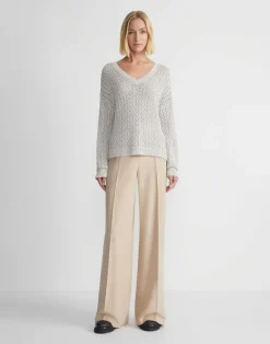 Sustainable Linen-Silk Sequin Cable V-Neck Sweater