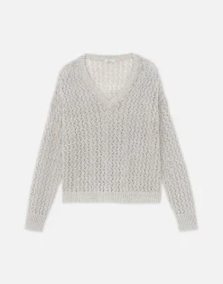 Sustainable Linen-Silk Sequin Cable V-Neck Sweater