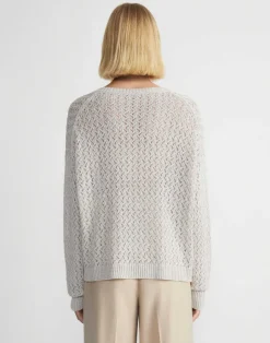 Sustainable Linen-Silk Sequin Cable V-Neck Sweater