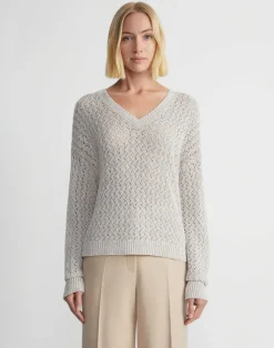 Sustainable Linen-Silk Sequin Cable V-Neck Sweater