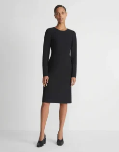 Wool-Silk Crepe Long Sleeve Sheath Dress